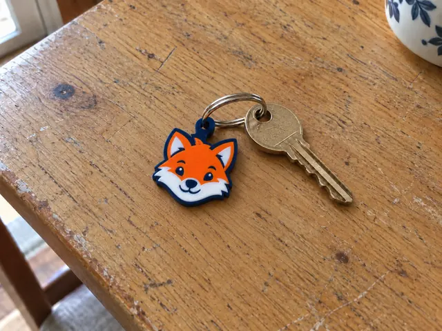 3D-printed fox keychain photographed on a kitchen table